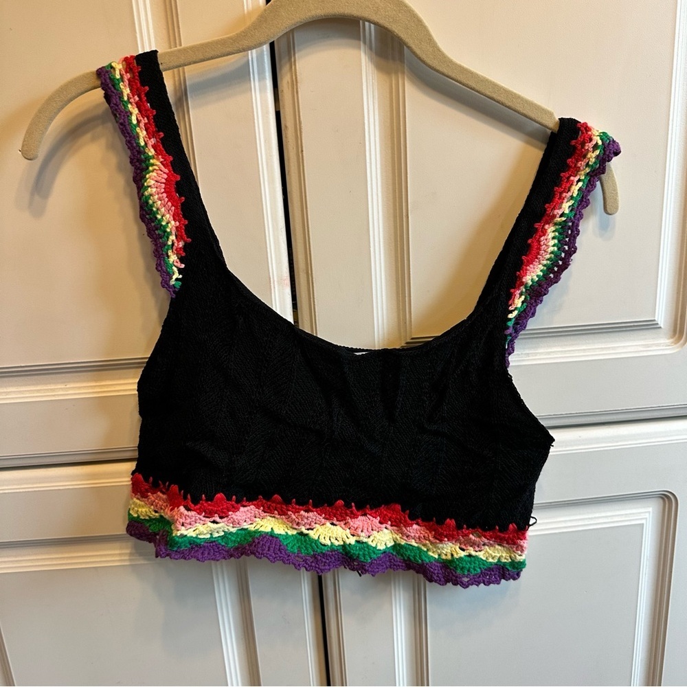 Zara Black Cropped Knit Tank with Rainbow Crochet Trim